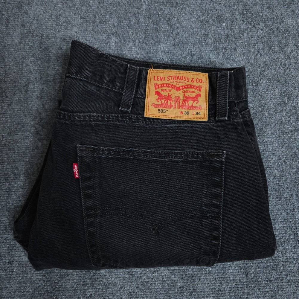 Levis 505 Jeans Mens 38x34 Black Denim Regular Fit Straight Leg Dark Stretch